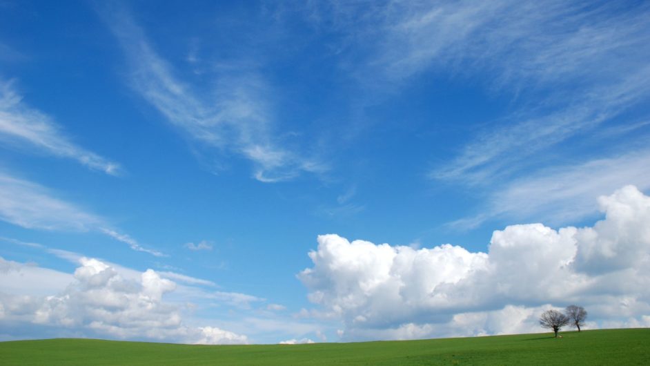 Panoramic view of green land and blue sky with white clouds and two trees without leaves in the distance